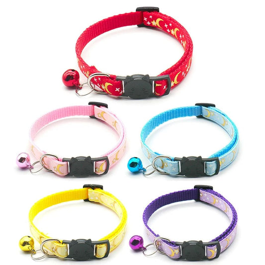 Reflective Gold Stars Moon Cat Collar with Safety Buckle Bell
