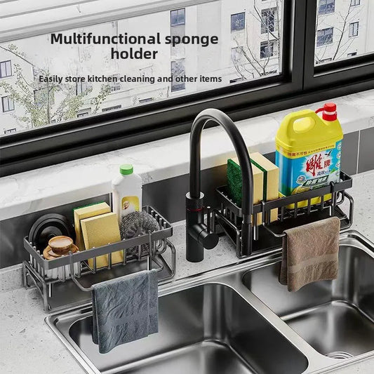 Kitchen Sink Sponge Holder Drain Rack with Hanging Hook Storage