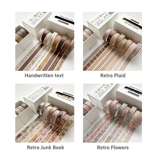 Retro Washi Tape Set 8 Rolls Skinny Vintage Decorative Adhesive