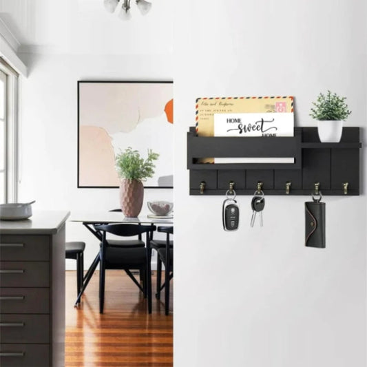 Rustic Wood Entryway Wall Shelf 6 Hook Mail Key Organizer Storage