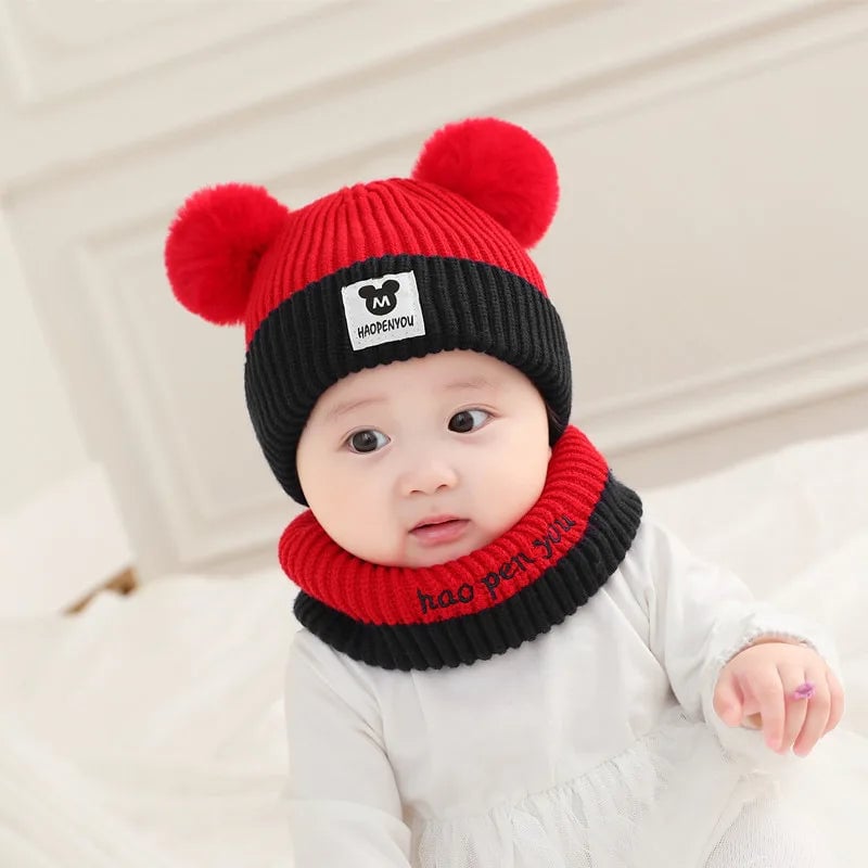 Baby Winter Hat Scarf Set - Bear Ear Knitted Crochet Beanie Cap