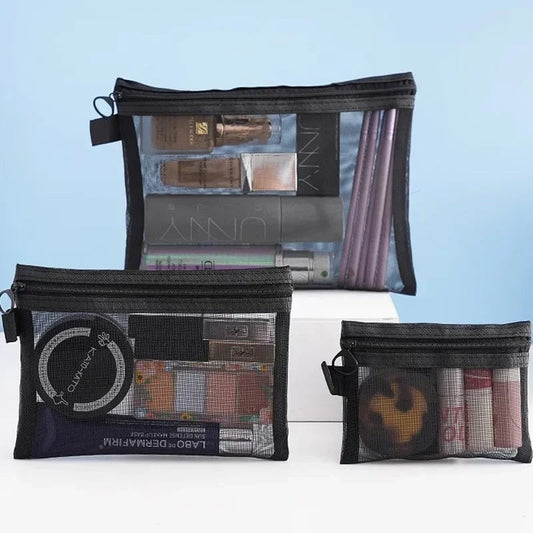 Mesh Clear Cosmetic Bags Set - Black Makeup Travel Organizer Pouch