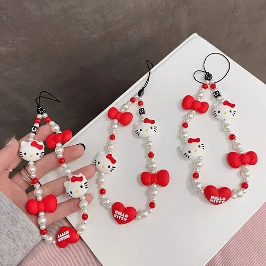 Hello Kitty Love Bow Mobile Phone Chain Beaded Lanyard Kawaii Charm