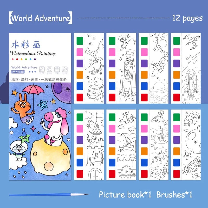 12-Sheet Portable Watercolor Book with Brush - Kids Art Set