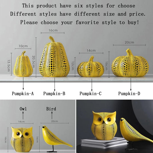 Yellow Wave Point Owl Pumpkin Figurine - Bird Statue Ornament Decor