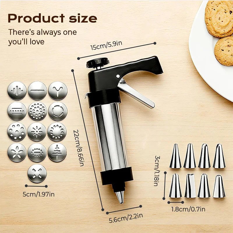 Stainless Steel Cookie Press Gun Kit 13 Discs 8 Icing Nozzles