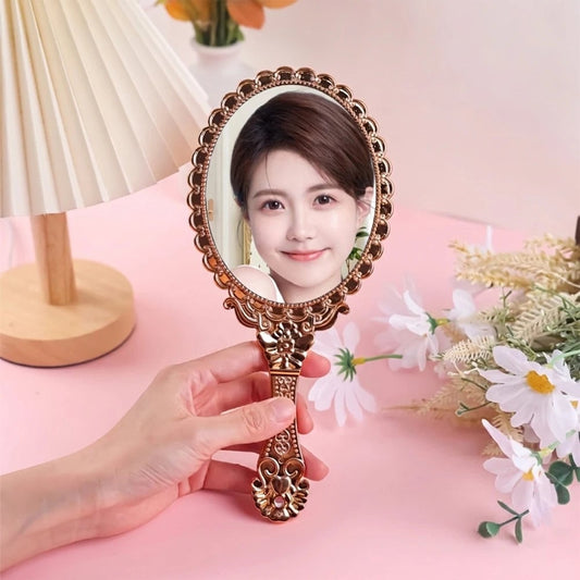 Vintage Oval Round Handheld Makeup Mirror Patterned Beauty Tool