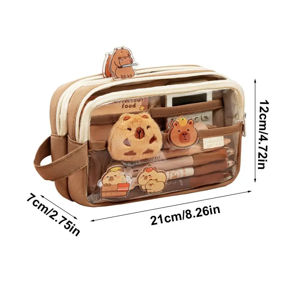 Layered Capybara Canvas Pencil Case Set - Multi-Compartment with Doll