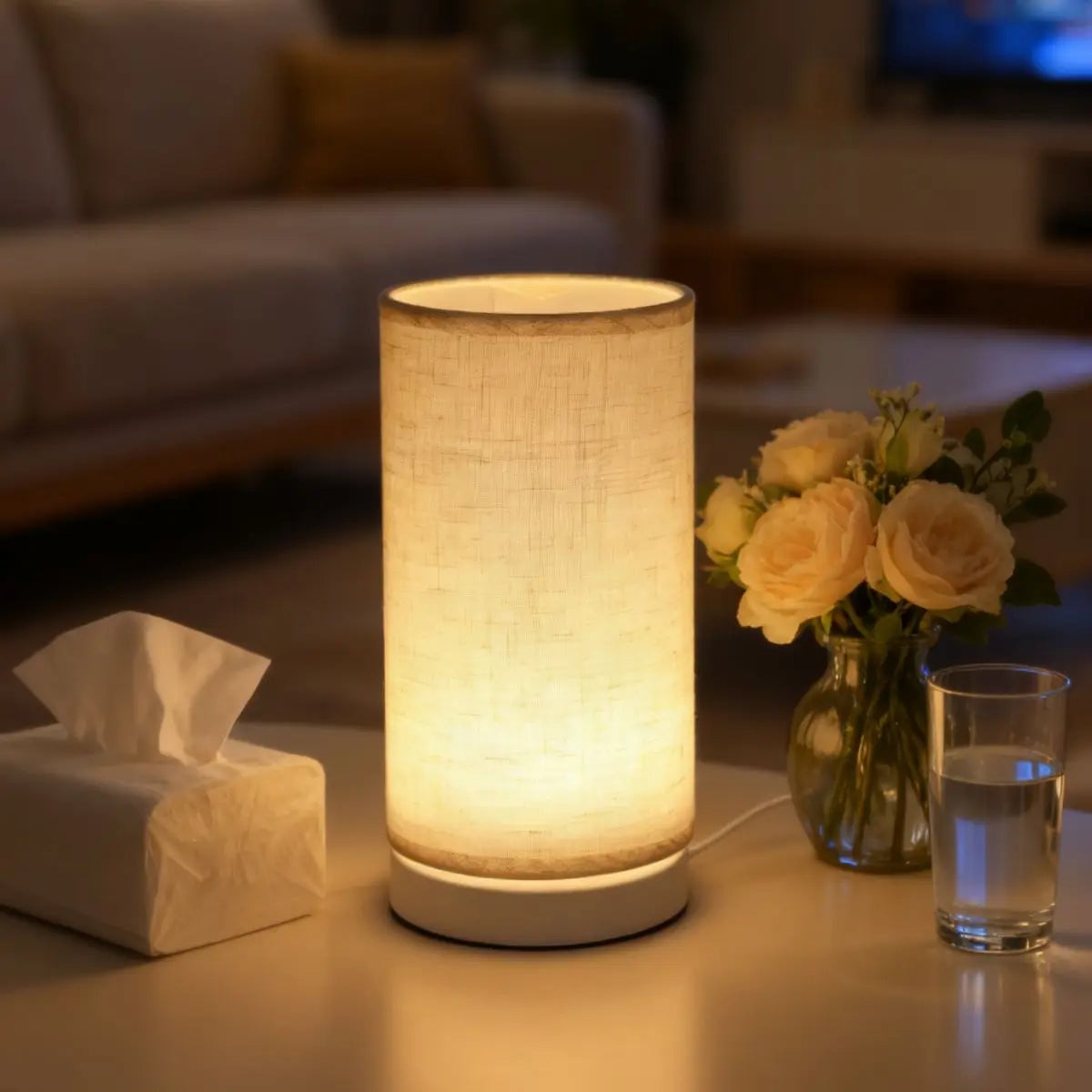 Nordic Retro USB Table Lamp Fabric Shade Bedroom Study Lighting