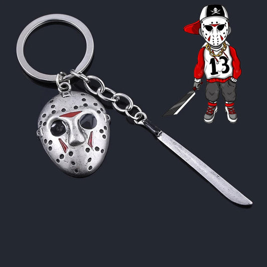 Horror Movie Hockey Mask Machete Metal Keychain - Halloween Cosplay