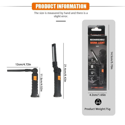 USB Rechargeable COB LED Work Light Magnetic Portable Camping Torch