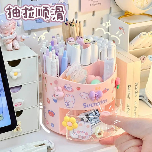 Rotating Desktop Pen Holder with Drawer - Kawaii Stationery Organizer