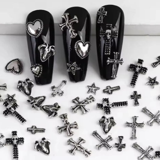 120pc Dark Vintage Cross Heart Metal Nail Art Patches Y2K Gothic Style
