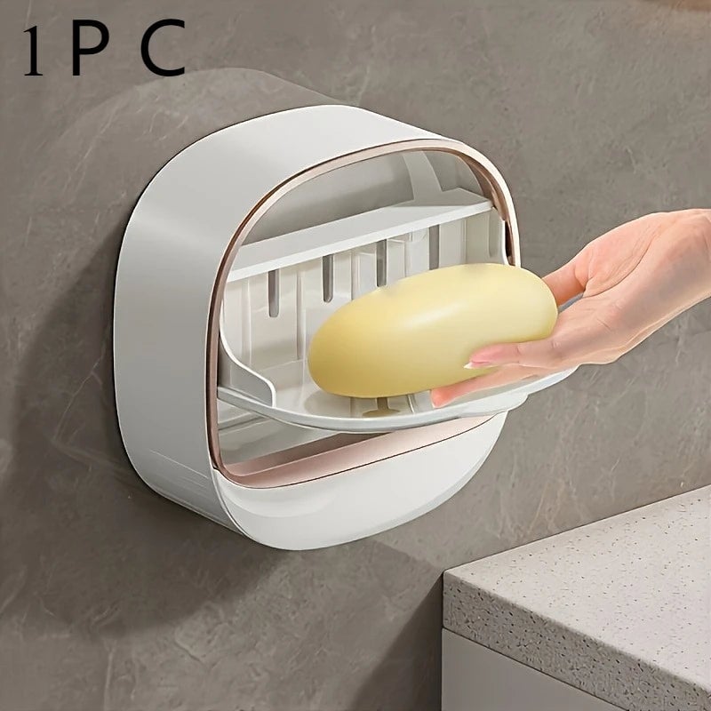 Premium Soap Holder with Lid - No Drill Wall Mount for Shower Bath