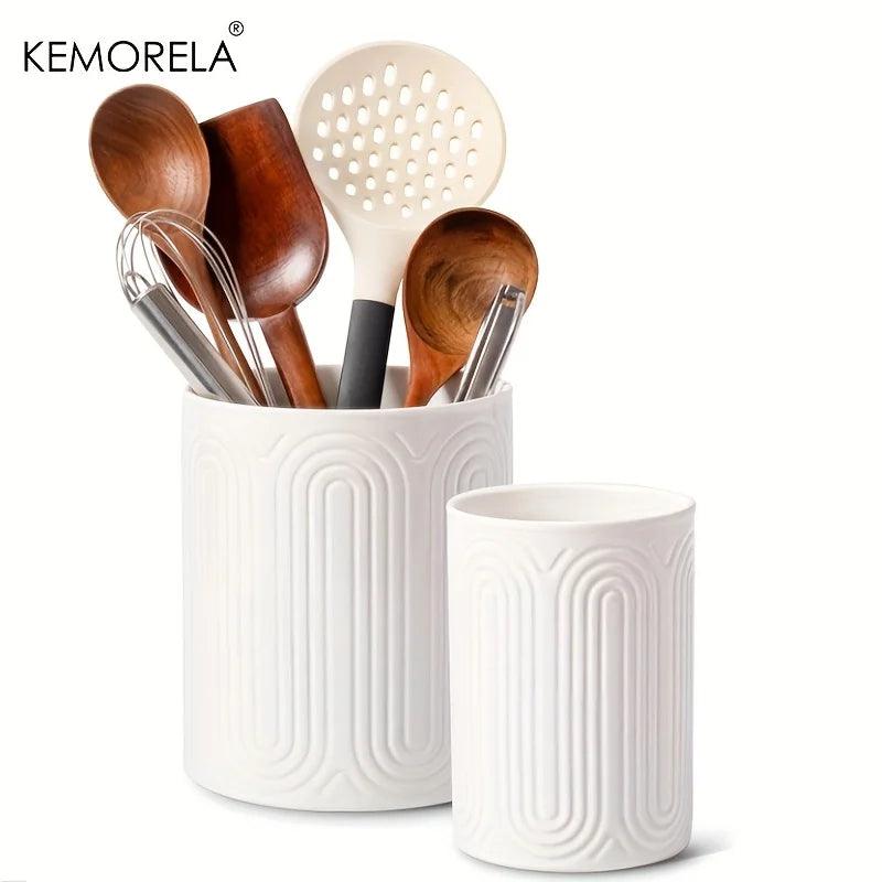 White Ceramic Utensil Holder Countertop Organizer 1/2 Piece Set