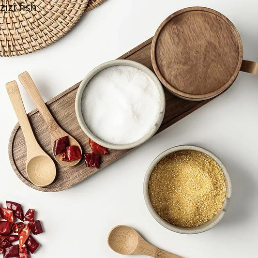 Round Ceramic Spice Jar with Wooden Lid - Salt Pepper Storage