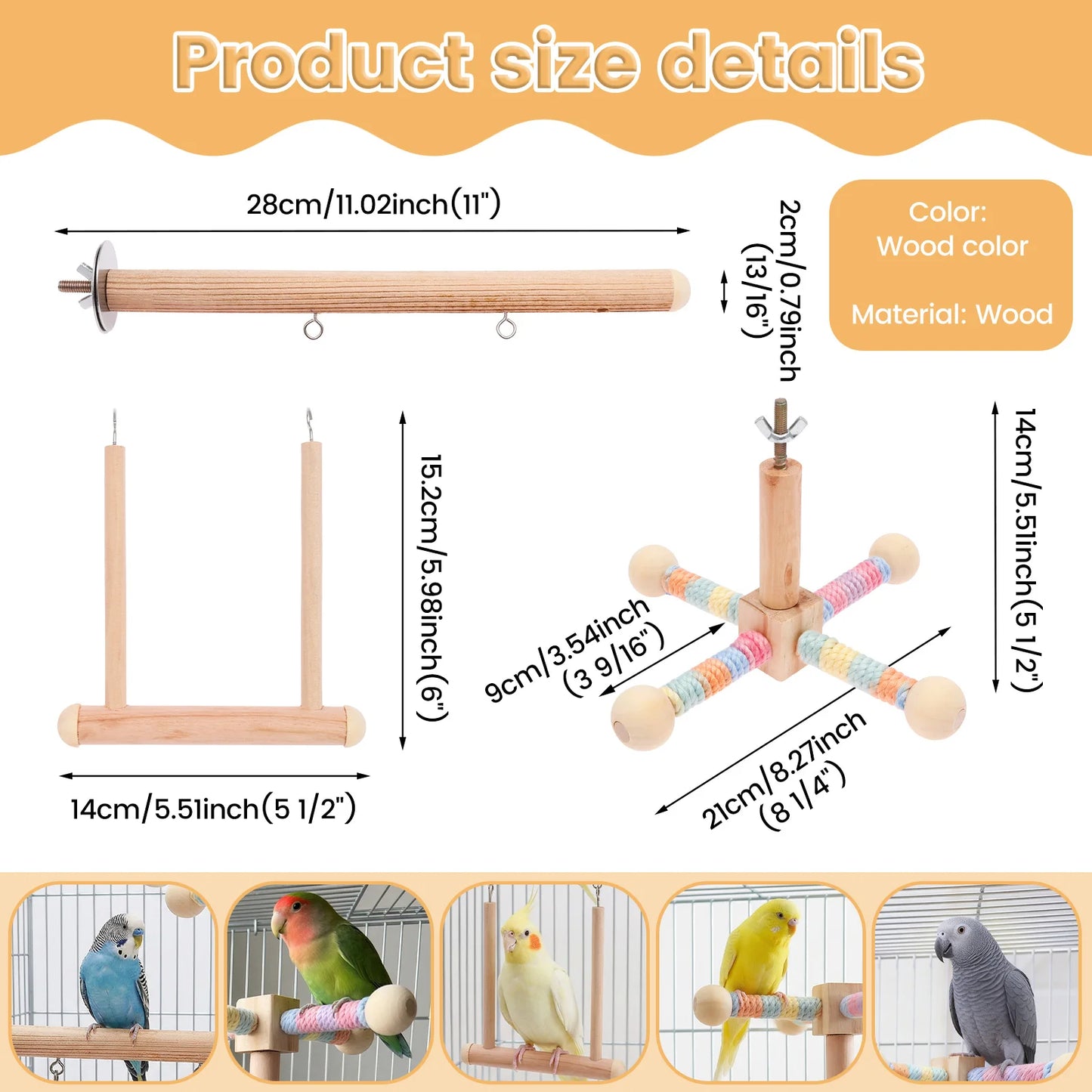 Natural Wood Bird Perch Swing Hammock Cage Toy for Parakeets