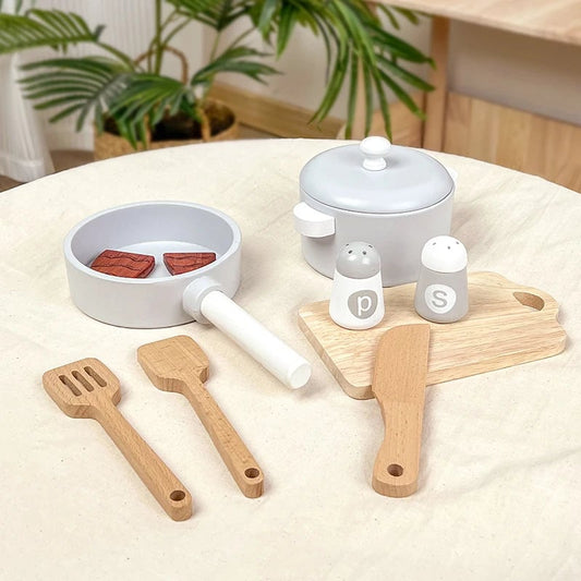 Wooden Kitchen Play Set - Chef Role Play Toys with Pots Pans & Food