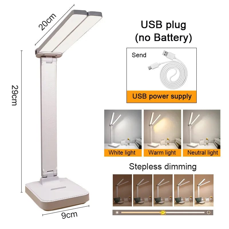 LED Desk Lamp 3-Level Dimmable Touch Control USB Rechargeable Foldable