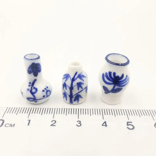 3pcs Mini Blue White Porcelain Vases Dollhouse Kitchen Ceramic Decor