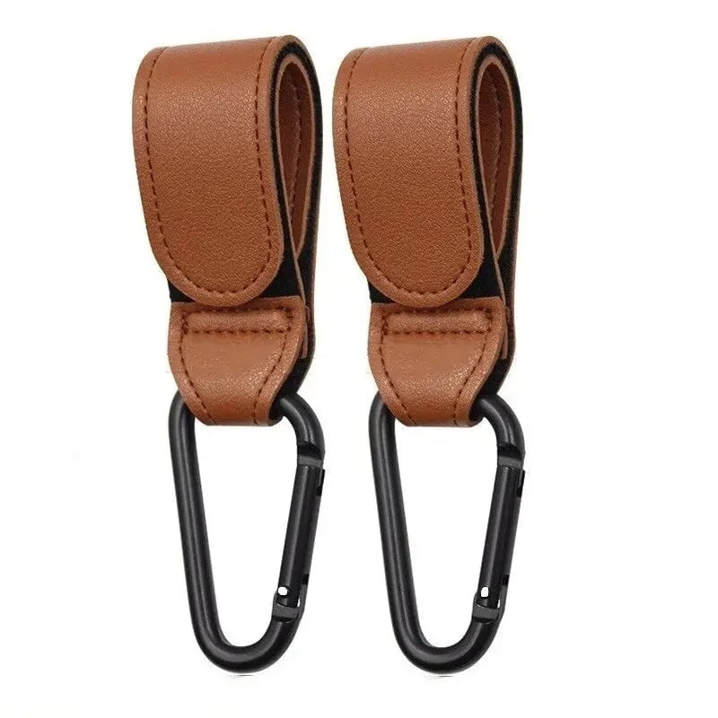 2Pcs PU Leather Stroller Hooks Adjustable Pram Organizer Diaper Bag