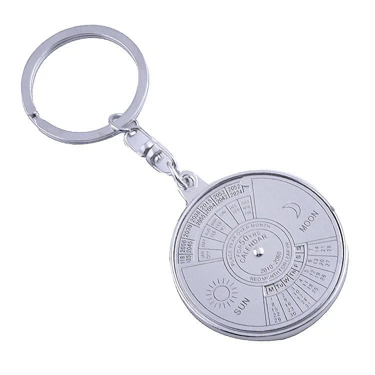 50-Year Perpetual Calendar Keychain - Silver Metal Alloy Multifunctional