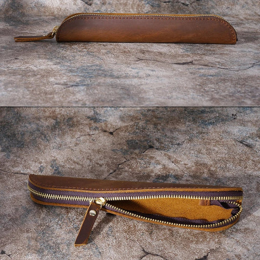 Handmade Cowhide Leather Single Pen Case Travel Protective Sheath