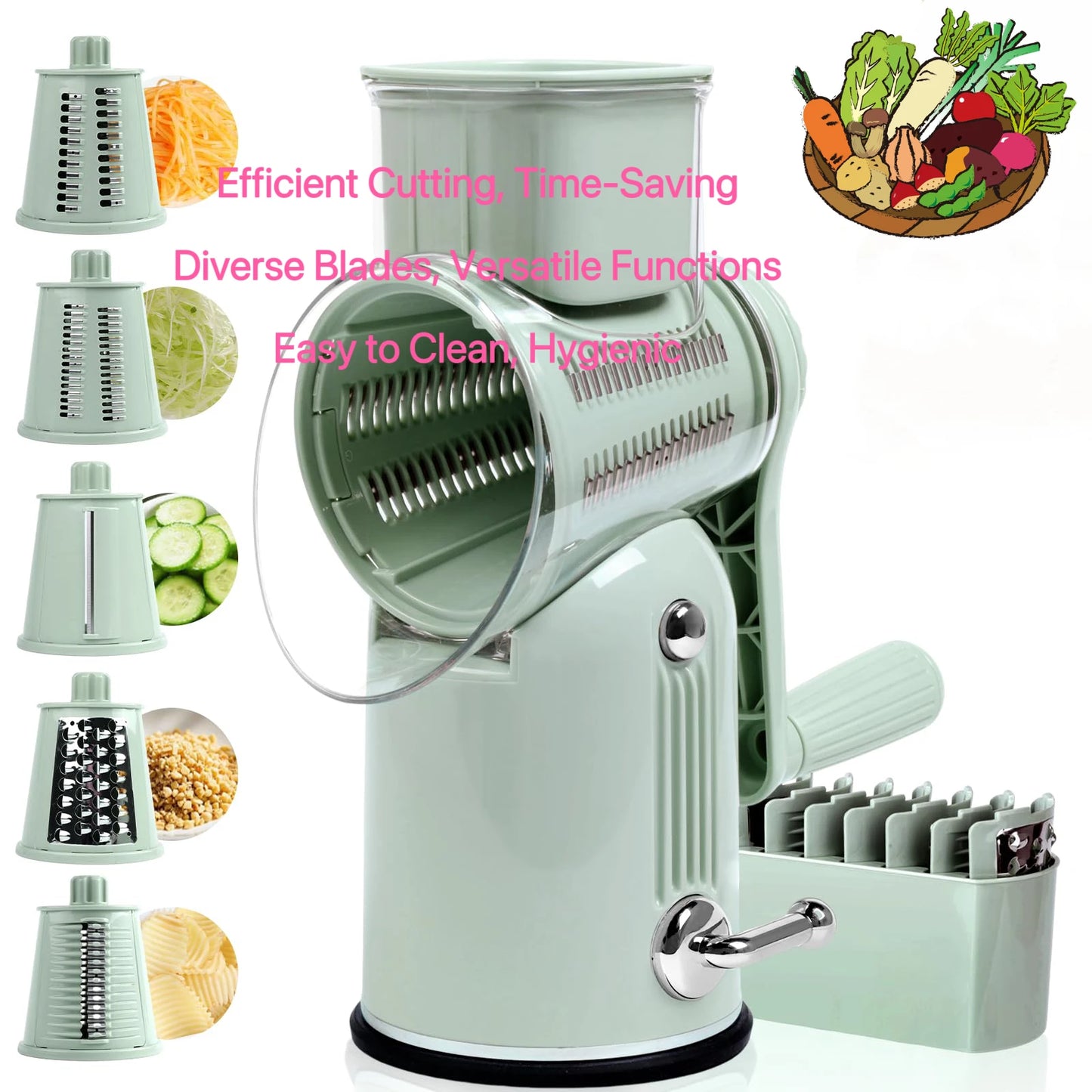 5-Blade Rotary Cheese Grater with Suction Base - Vegetable Shredder