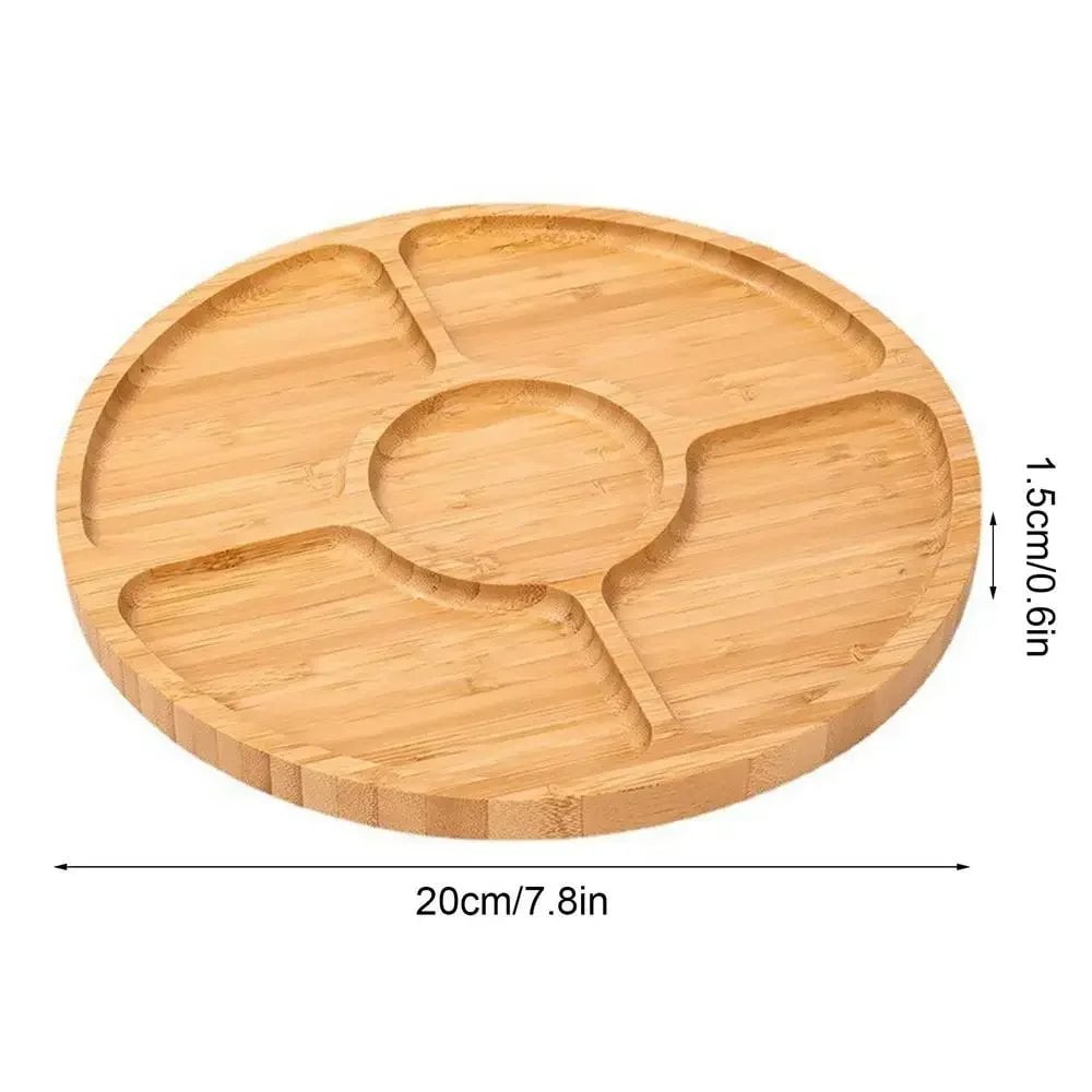 Bamboo Round Fruit Tray 5 Compartment Wooden Plate with Dividers