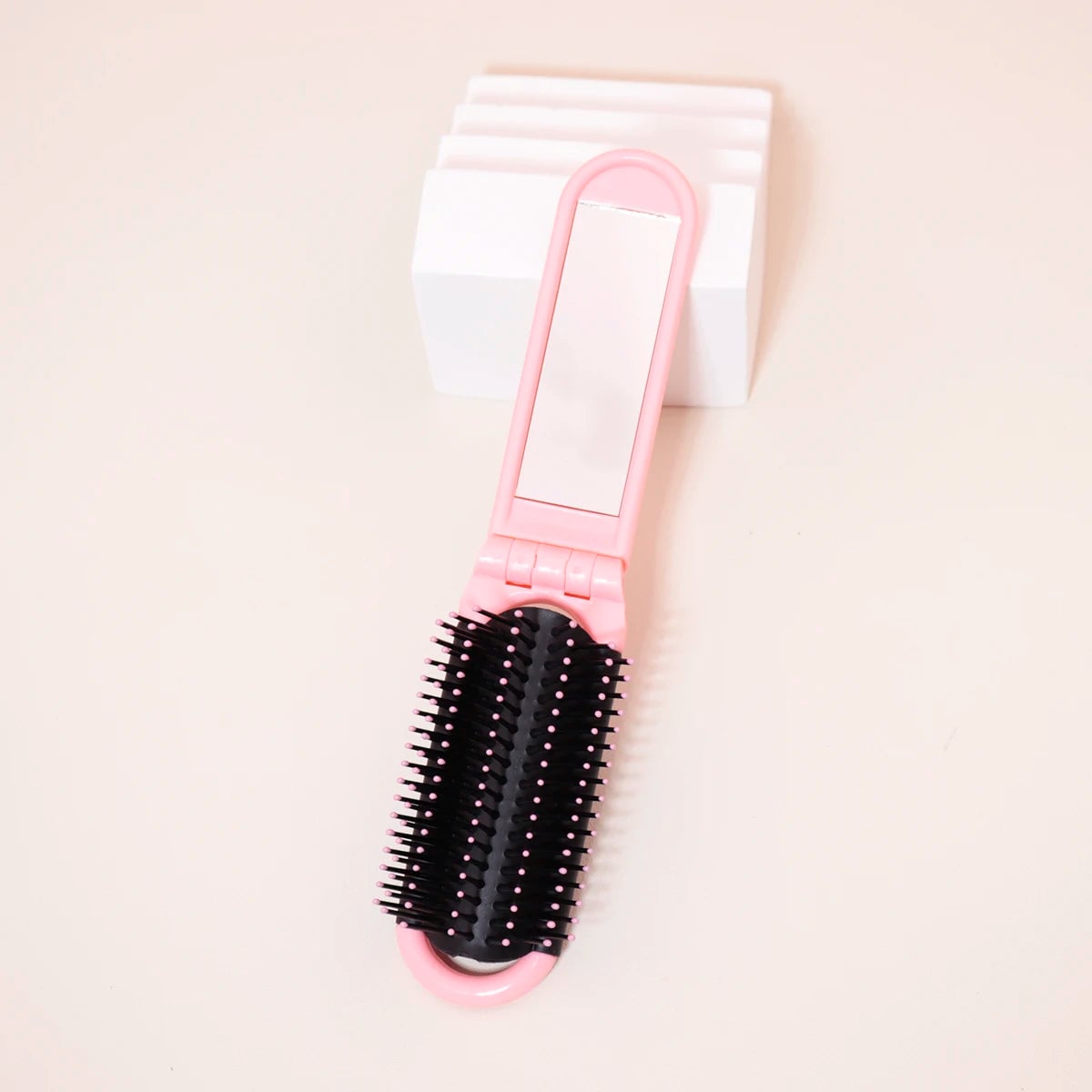 Folding Travel Mirror Hair Brush - Portable Mini Massage Wig Brush