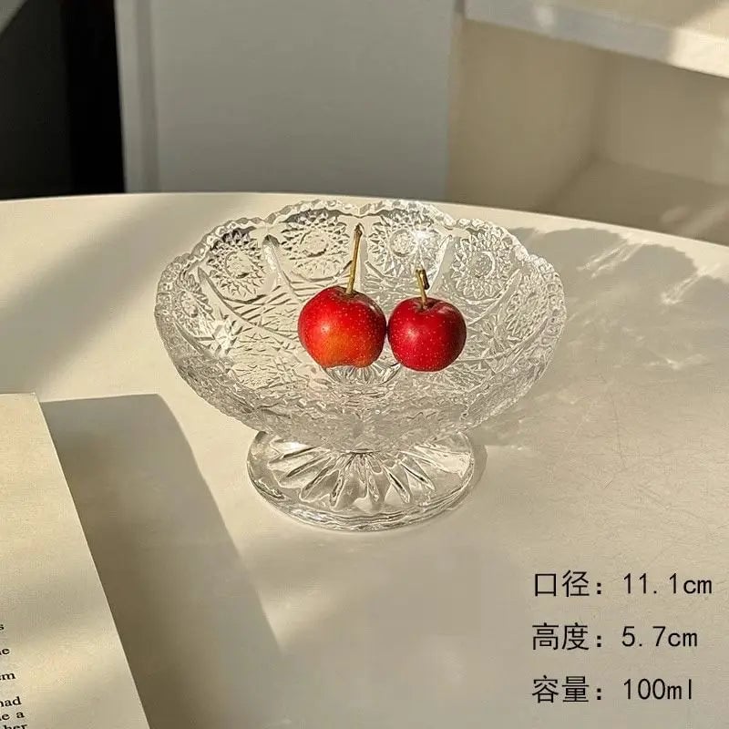Relief Glass Fruit Tray - Transparent High Leg Dessert Bowl