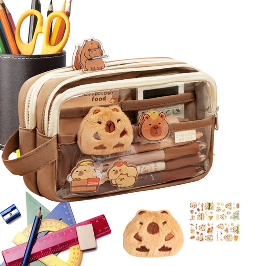 Layered Capybara Canvas Pencil Case Set - Multi-Compartment with Doll