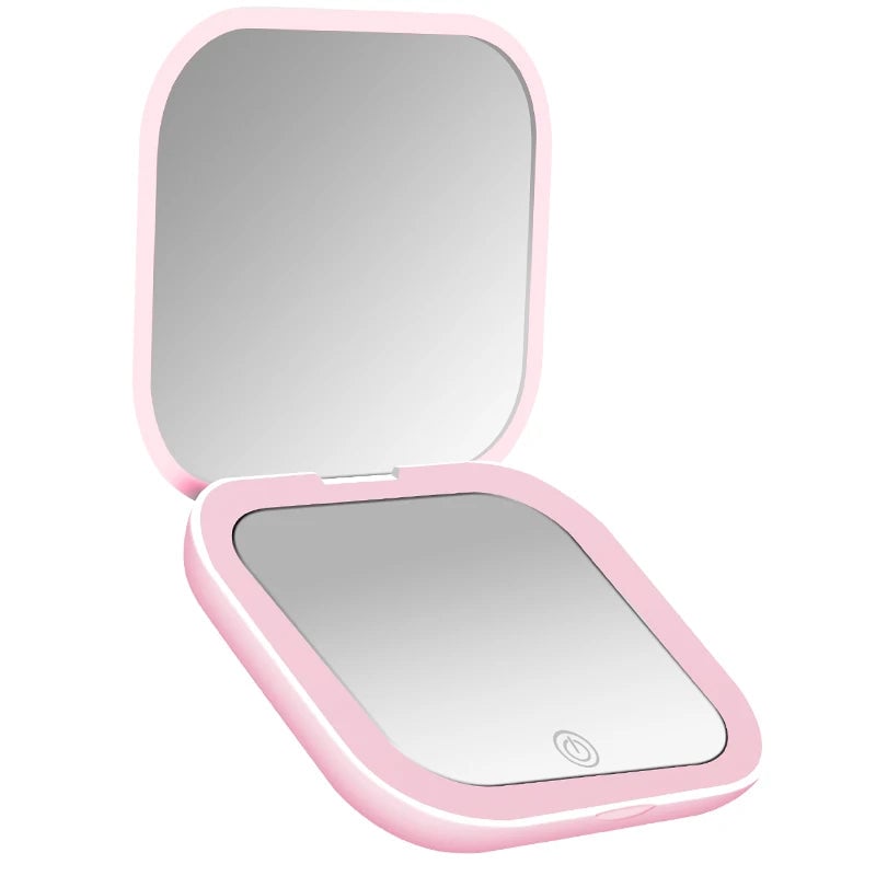 LED Compact Mirror 1X/2X Magnification Portable Folding Travel Makeup