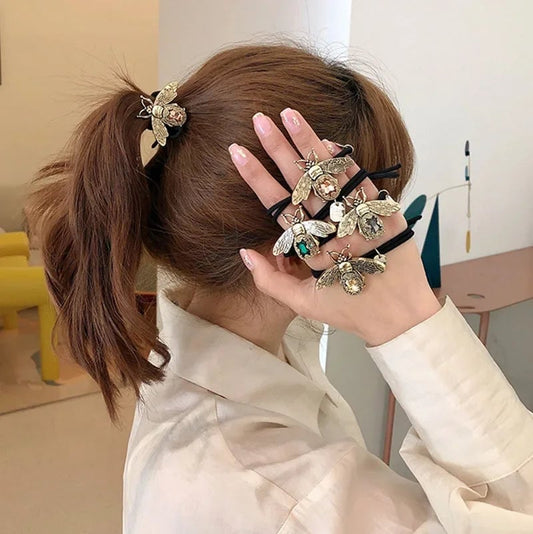 Crystal Rhinestone Hair Scrunchies - Elastic Retro Bee Design