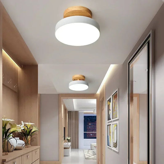 Nordic Wood Round Ceiling Light - Industrial Hallway Bathroom Lamp