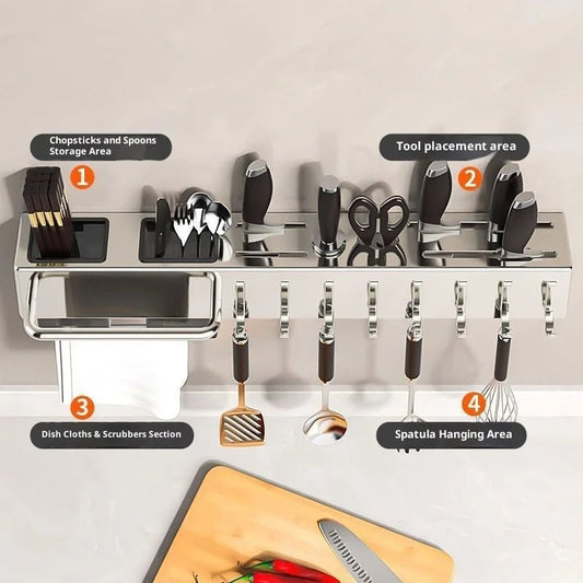 Wall Mount Stainless Steel Kitchen Knife Holder No Drill Storage