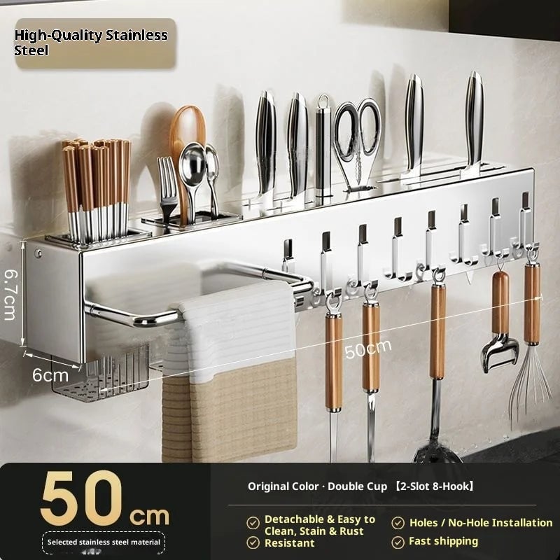 Wall Mount Stainless Steel Kitchen Knife Holder No Drill Storage