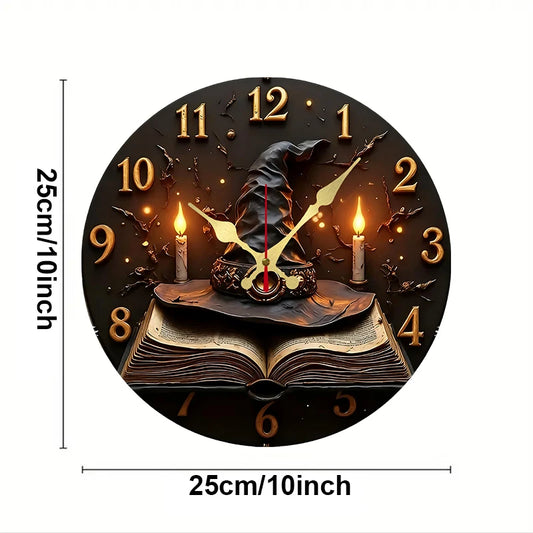 Wizard Hat Books Wooden Wall Clock Silent Round Home Decor