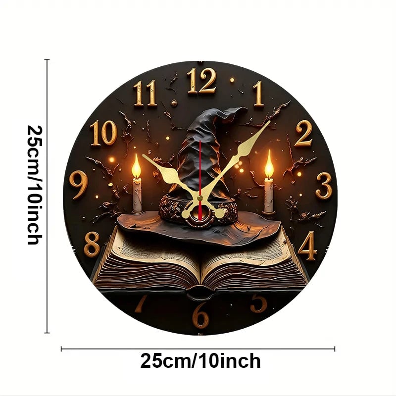 Wizard Hat Books Wooden Wall Clock Silent Round Home Decor