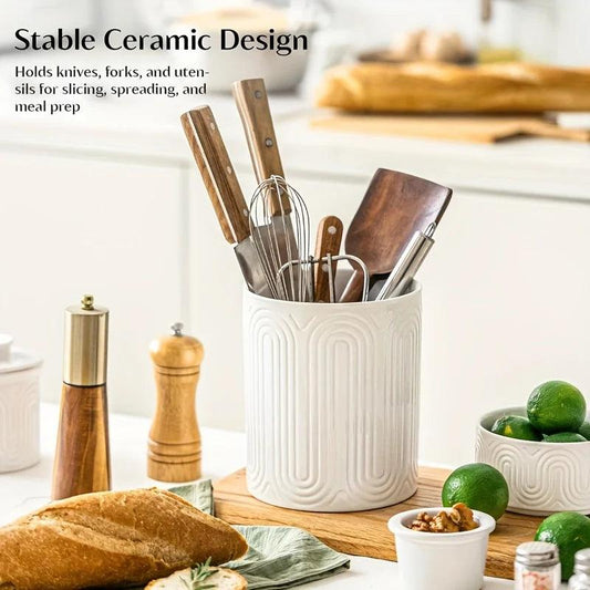 White Ceramic Utensil Holder Countertop Organizer 1/2 Piece Set