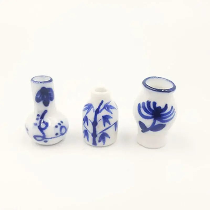 3pcs Mini Blue White Porcelain Vases Dollhouse Kitchen Ceramic Decor