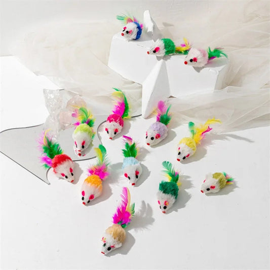 Rabbit Fur Feather Cat Toy - Rainbow False Mouse Interactive Kitten