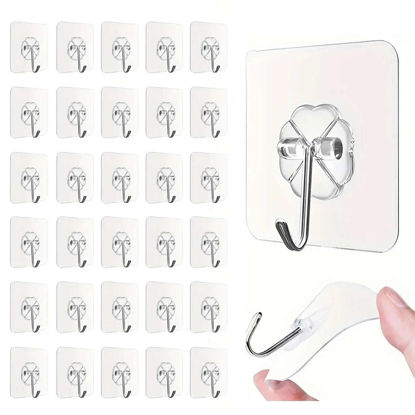 30pc Transparent Wall Mount Hooks - Strong Grip Traceless Install