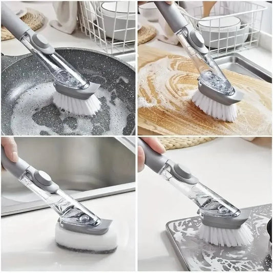 Soap Dispensing Kitchen Sponge Brush Long Handle Press Type Scrubber