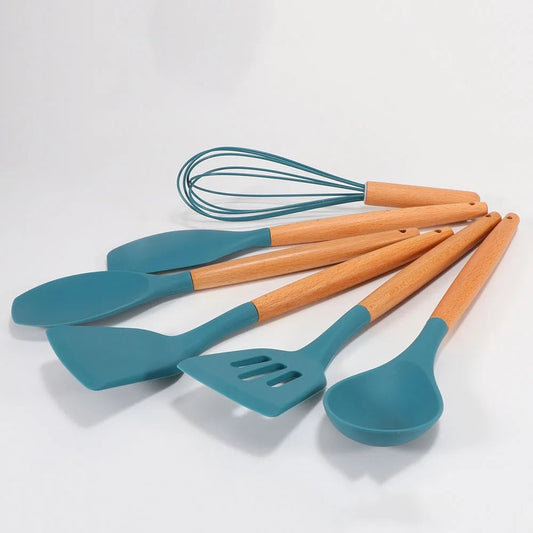 Blue Heat-Resistant Silicone Spatula Spoon with Wooden Handle