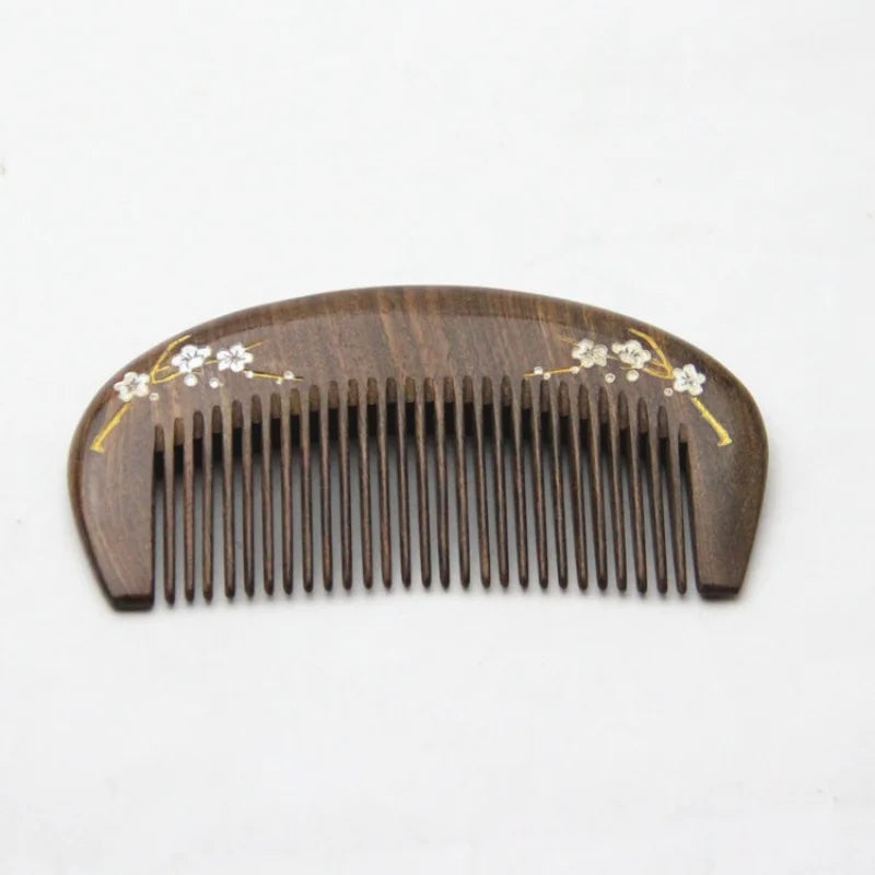 Natural Sandalwood Massage Hair Comb - Gold Plum Branch Design