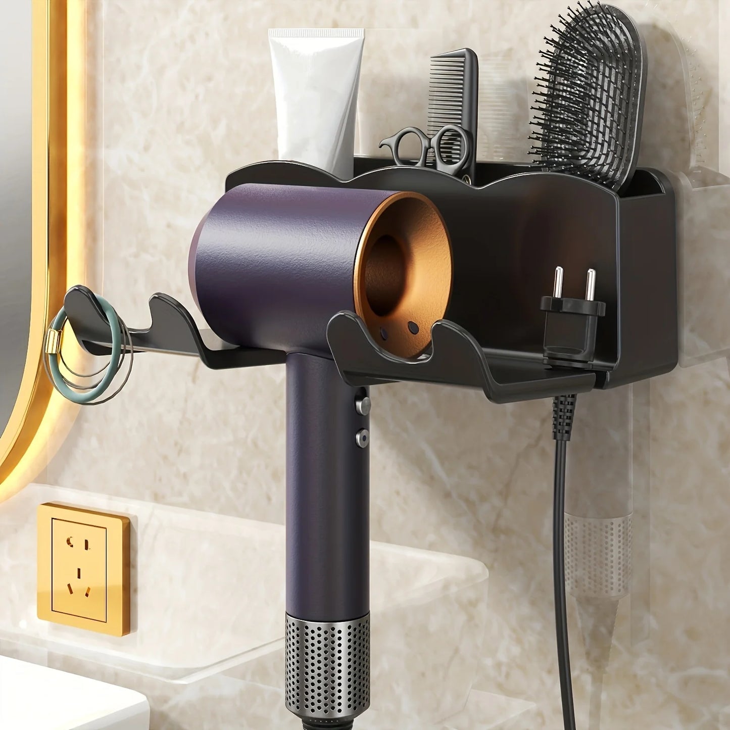 Non-Perforated Wall Mount Hair Dryer Holder - Bathroom Storage Rack