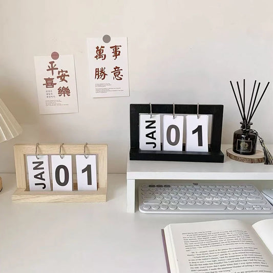 Wooden Flip Calendar Perpetual Desktop Photo Frame Home Decor