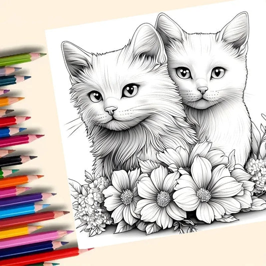 Adult Coloring Book Animals Cats Flowers Therapeutic Art Therapy
