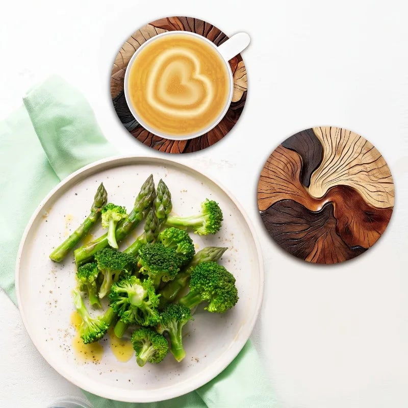 Wooden Coasters Set of 6 - Swirl Pattern Coffee Tea Bar Decor